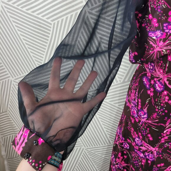 Vintage 60s Crop Jacket Dress Set XS Small Hostess Maxi Floral Pink Brown - Picture 6 of 10